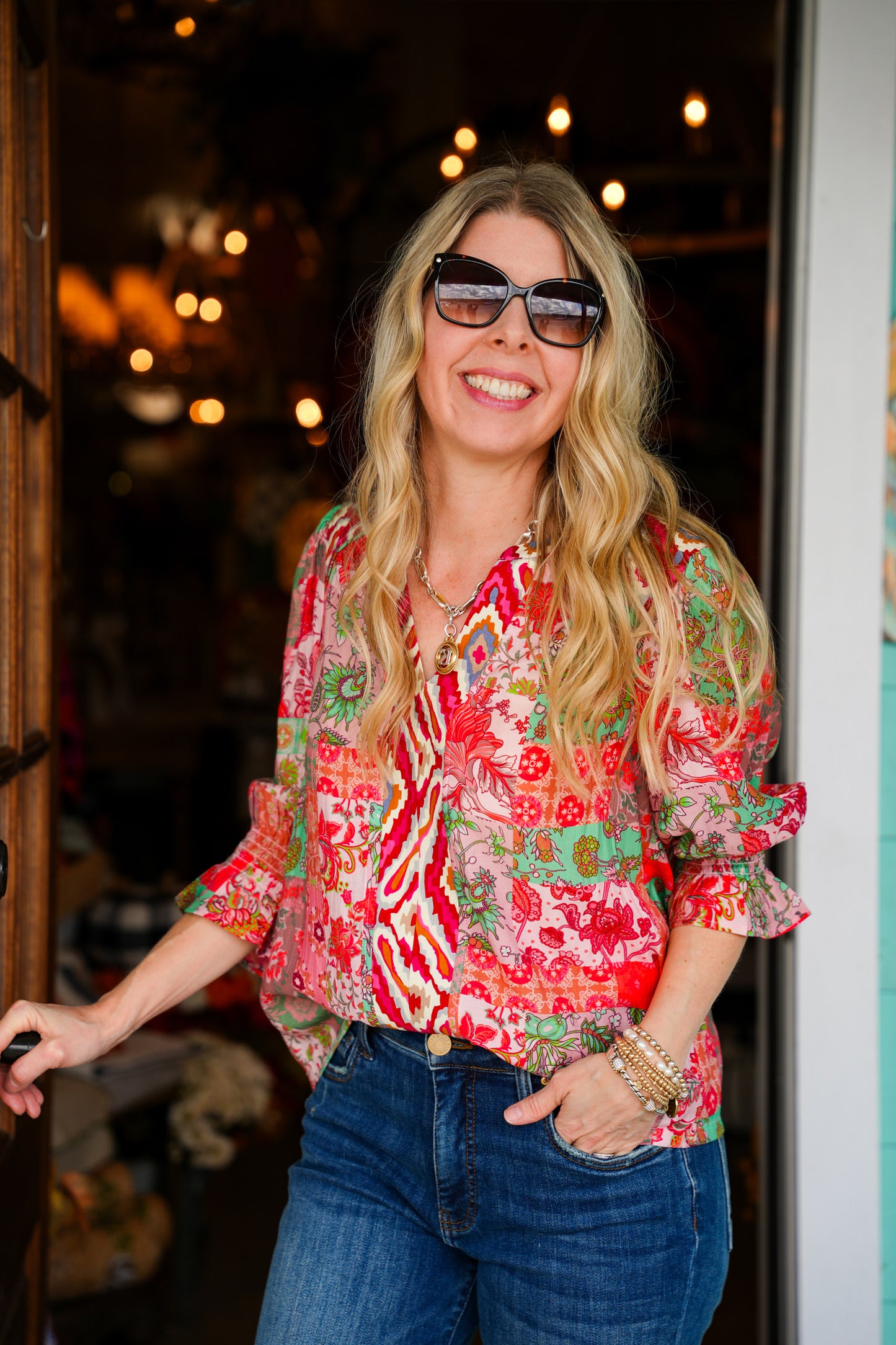 Coral Floral Mixed Print Top