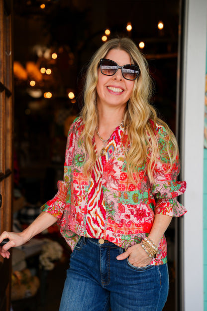 Coral Floral Mixed Print Top
