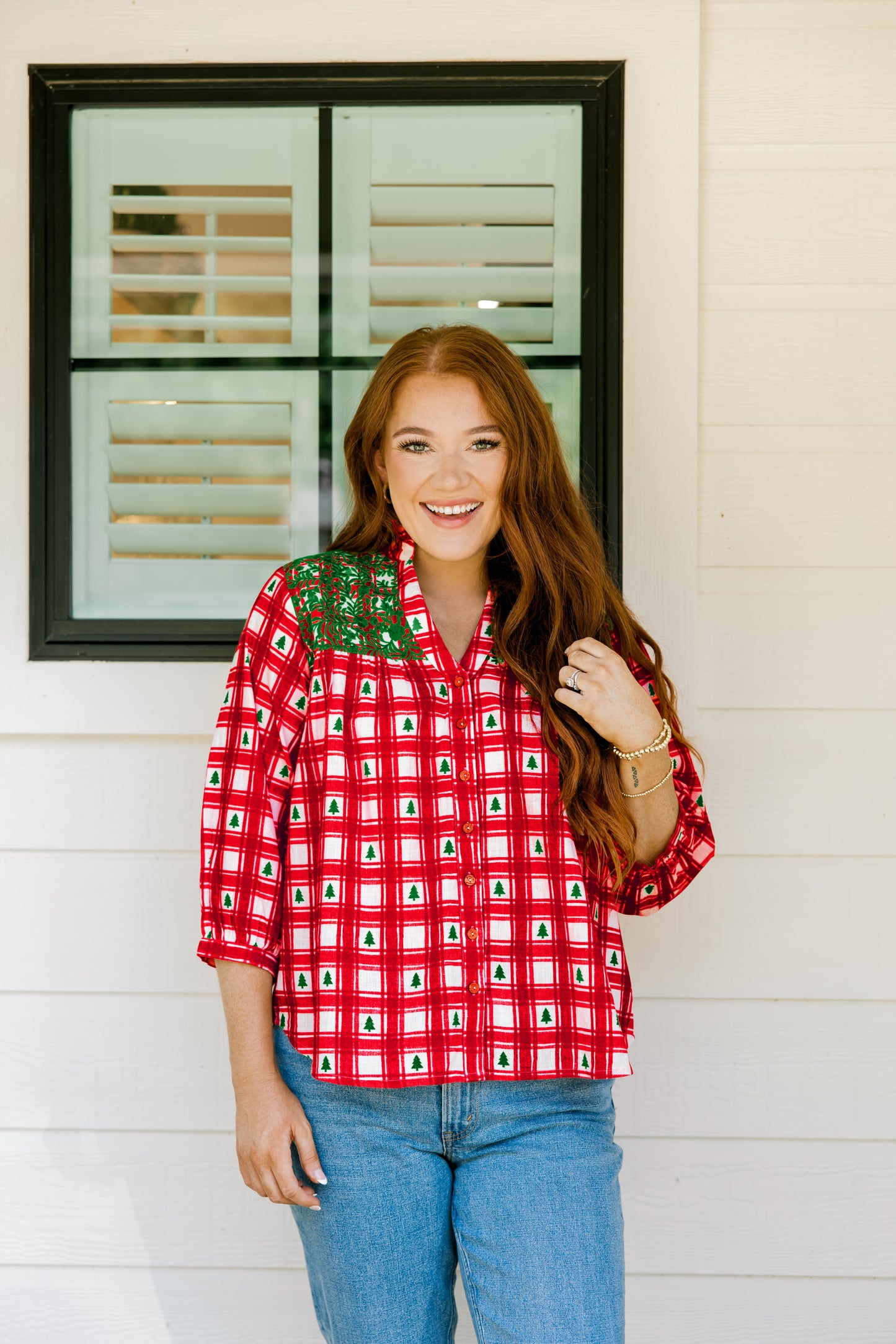 Layerz Jane Red Plaid Tree Embroidered Top