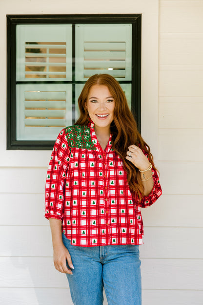 Layerz Jane Red Plaid Tree Embroidered Top
