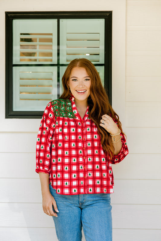 Layerz Jane Red Plaid Tree Embroidered Top