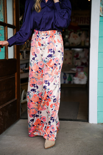 Bold Coral Floral Print Pants