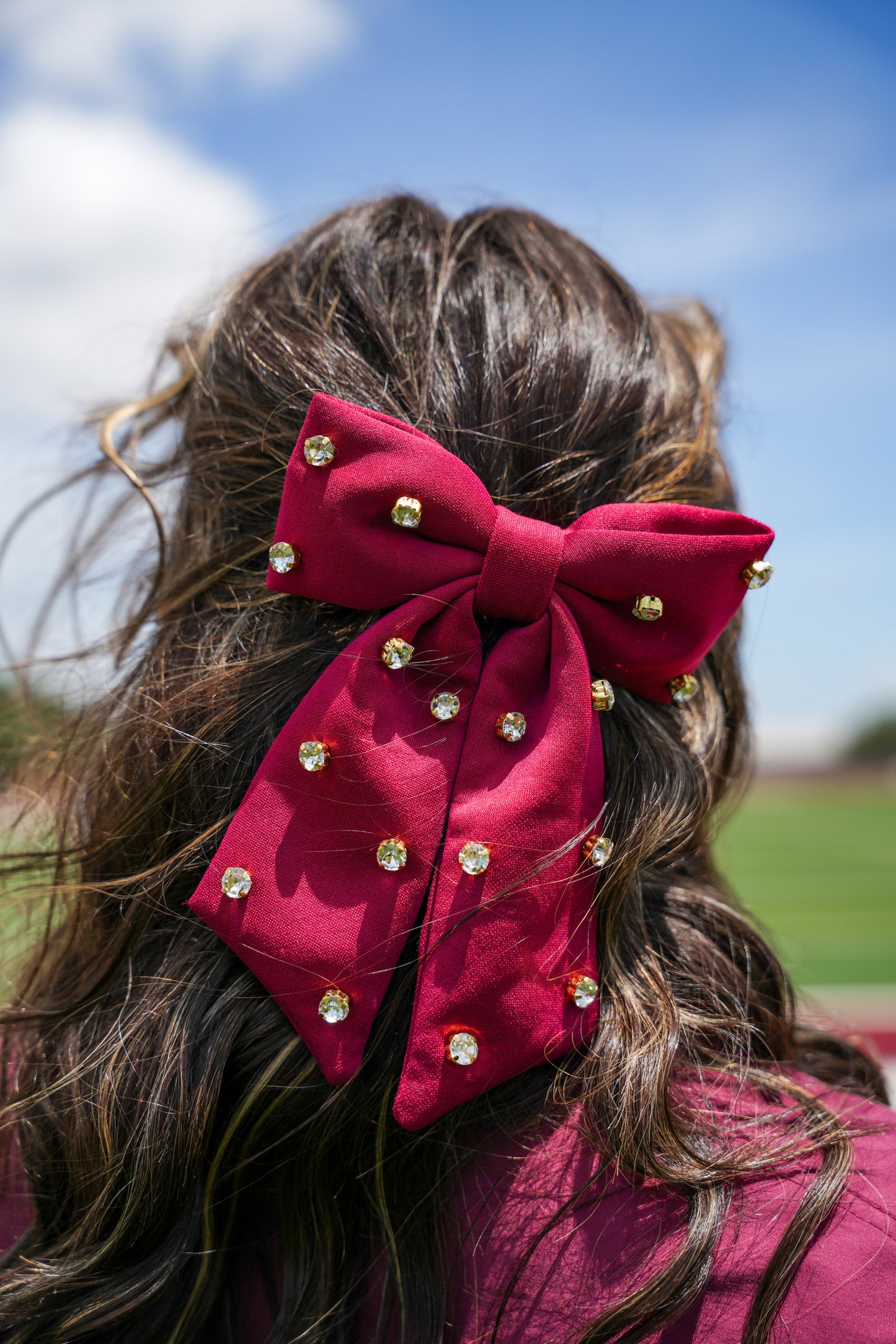 Maroon & White Rhinestone Hair Bow