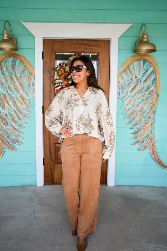 Camel Faux Suede Wide Leg Pant