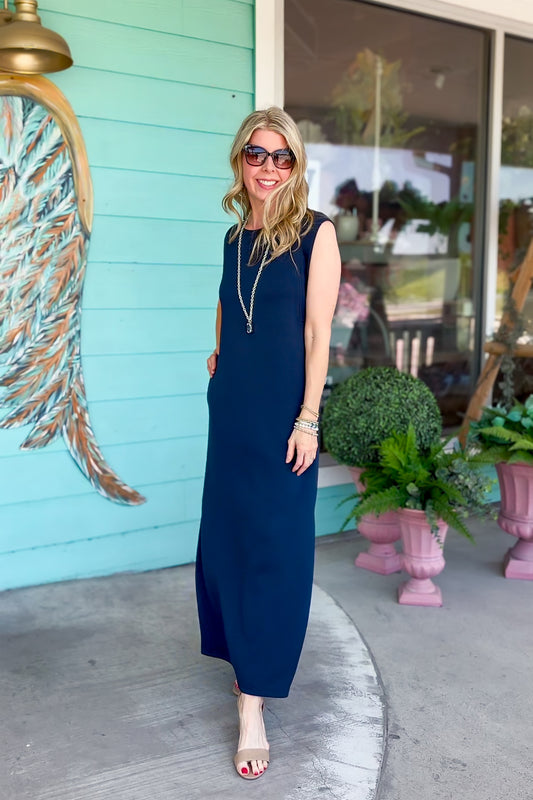 Navy Knit Side Slit Midi Dress