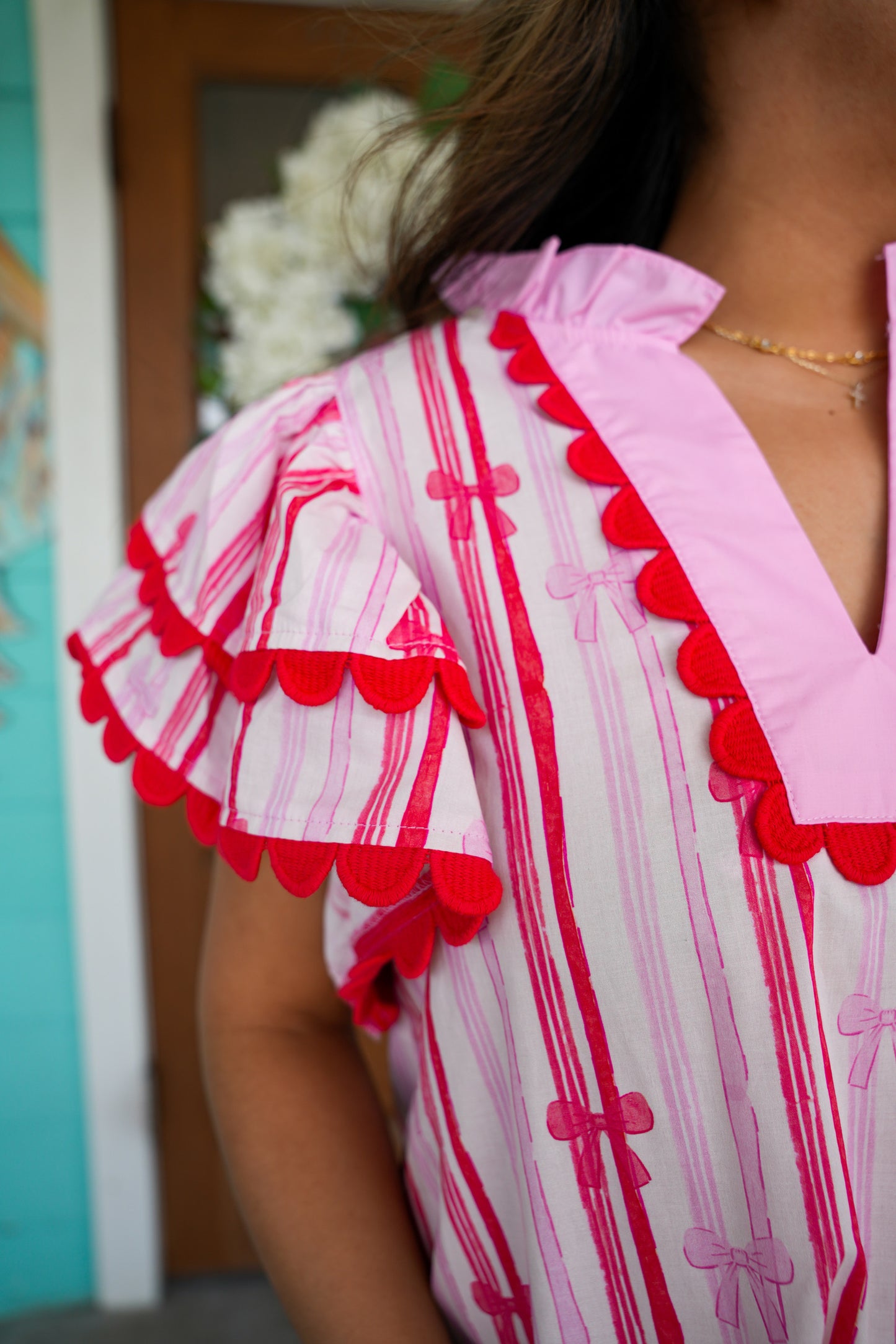 Red & Pink Bow Ruffle Detail Top