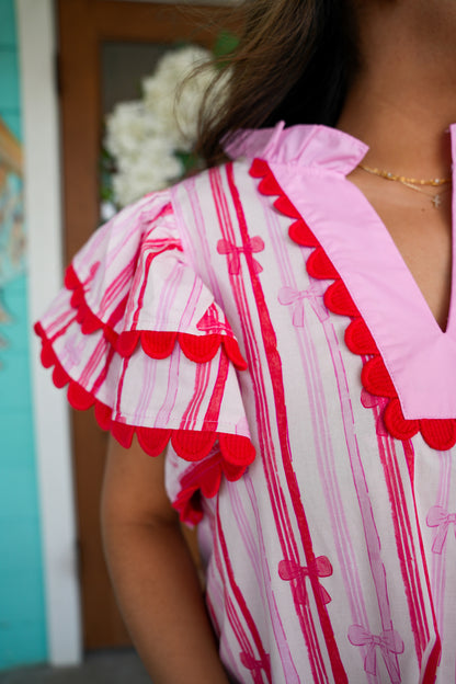 Red & Pink Bow Ruffle Detail Top
