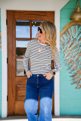 White Black Stripe Crew Neck Tee