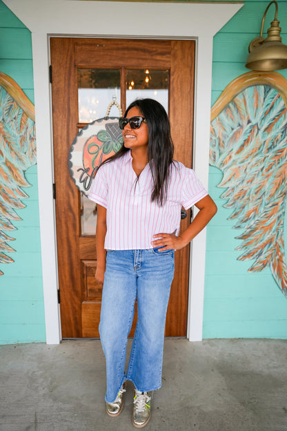 Pink Striped Short Sleeve Button Top