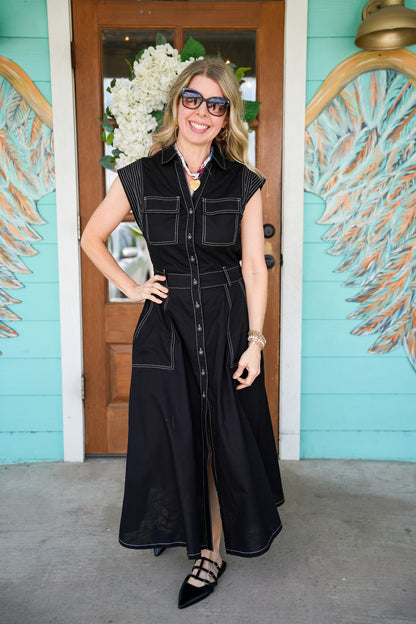 Black Top Stitch Sleeveless Midi Dress
