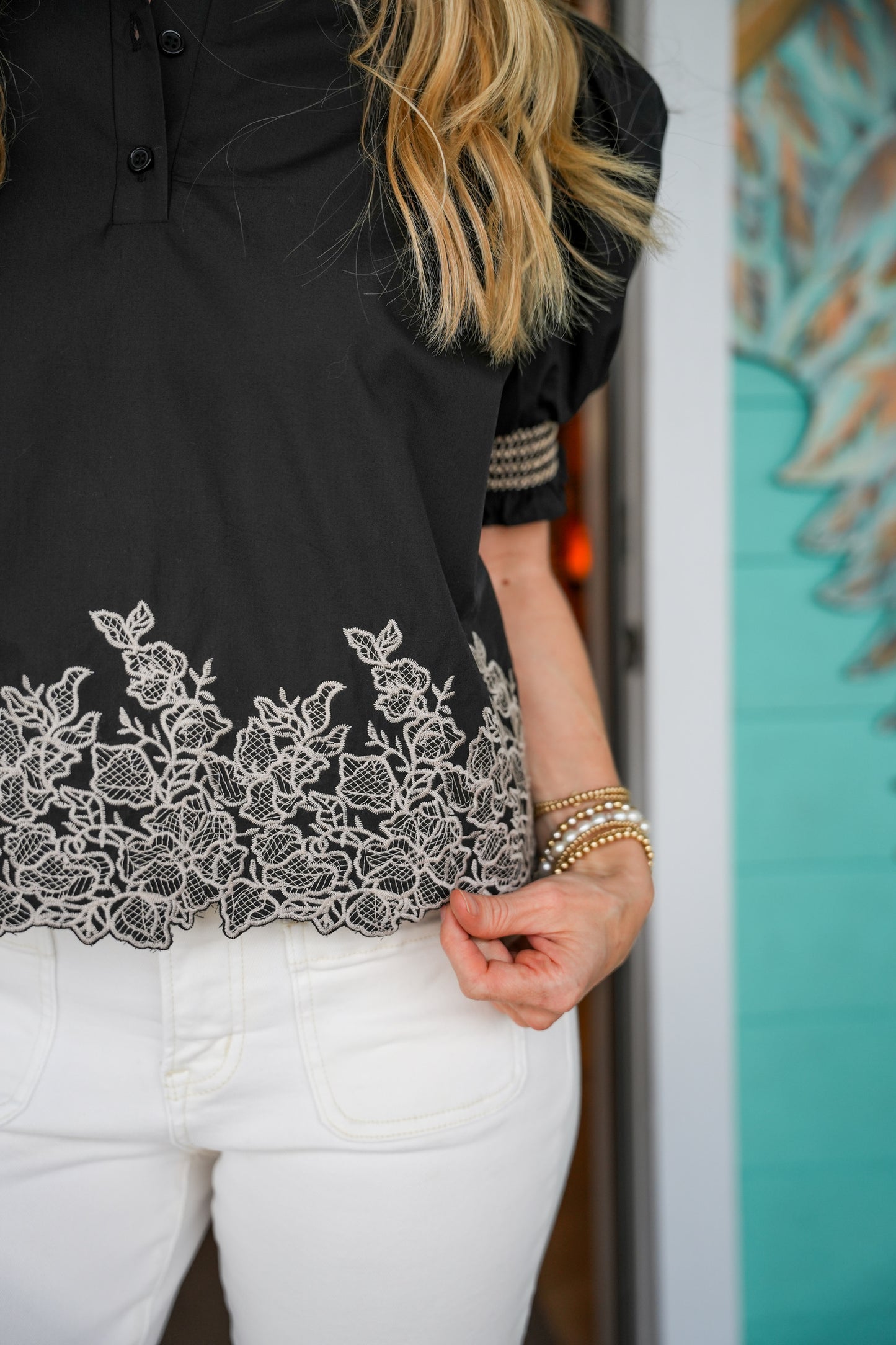 Black Embroidered  Floral Trim Top