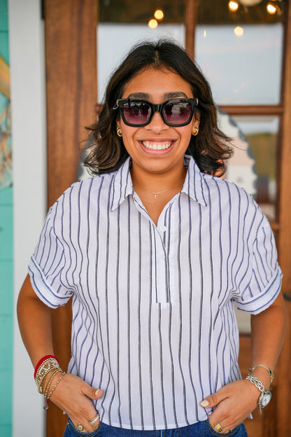 Black Striped Short Sleeve Button Top