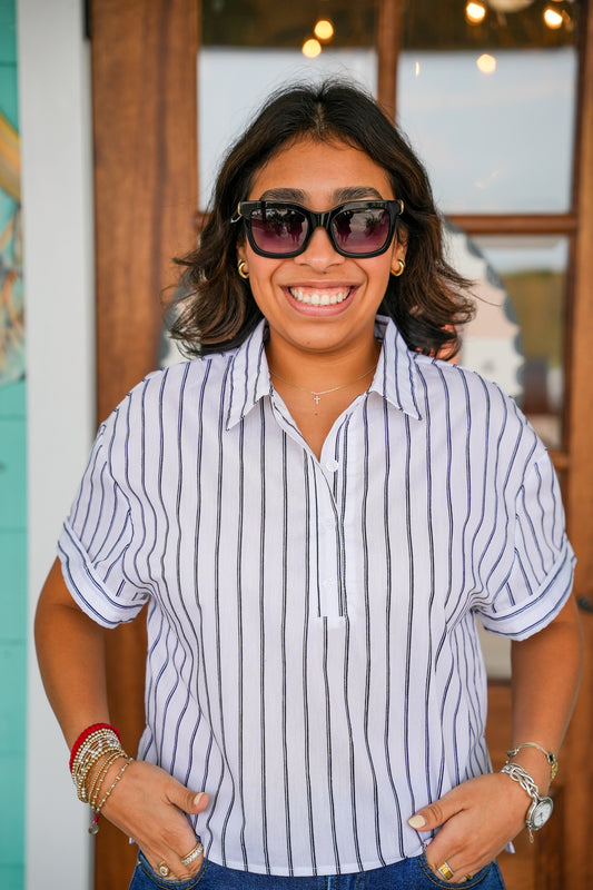 Black Striped Short Sleeve Button Top