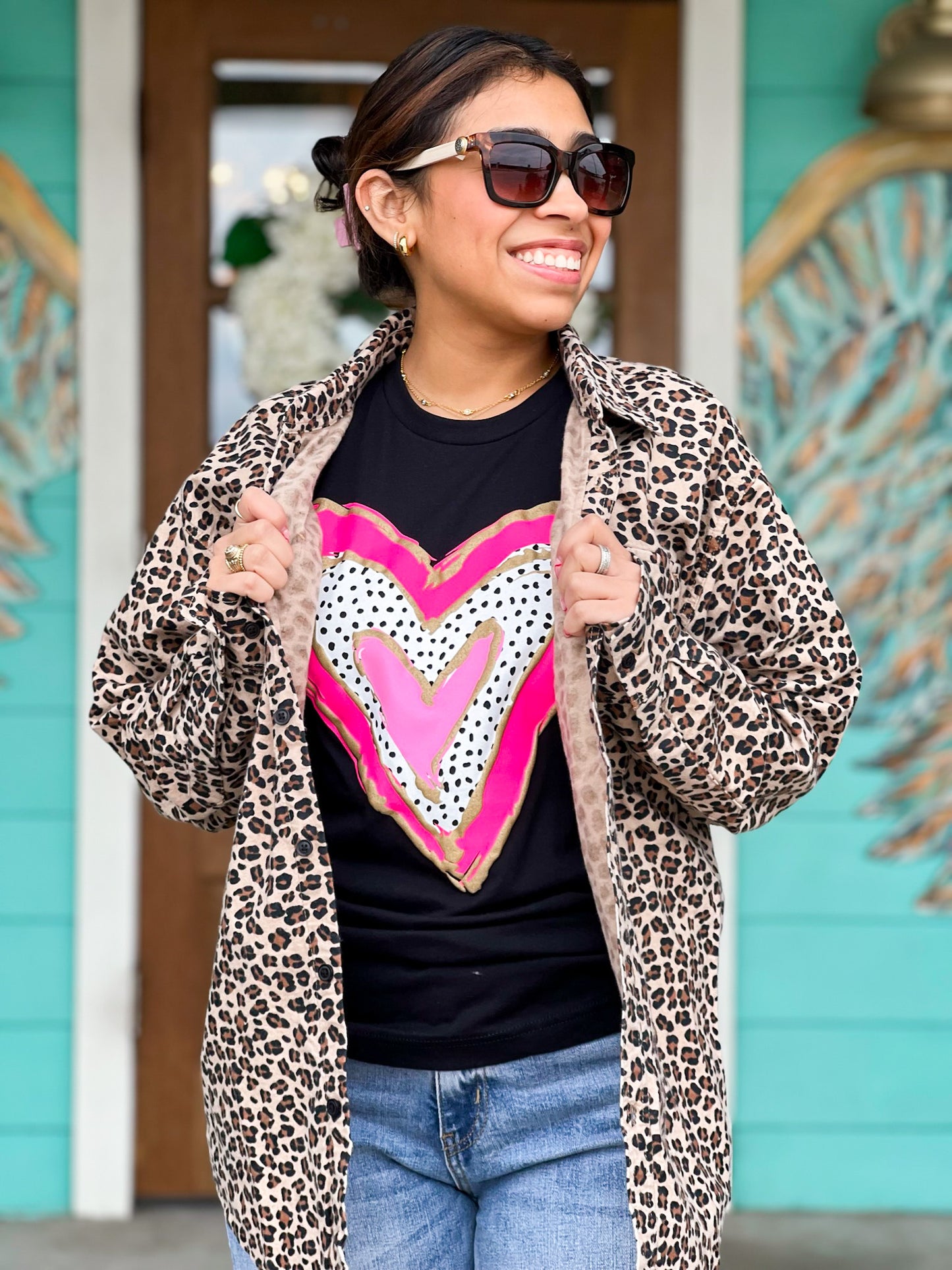 Leopard Print Heart Love Button Down