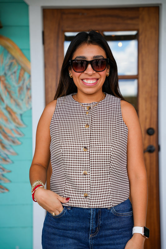 Brown Houndstooth Button Up Vest