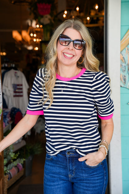 Navy Stripe Puff Sleeve Top