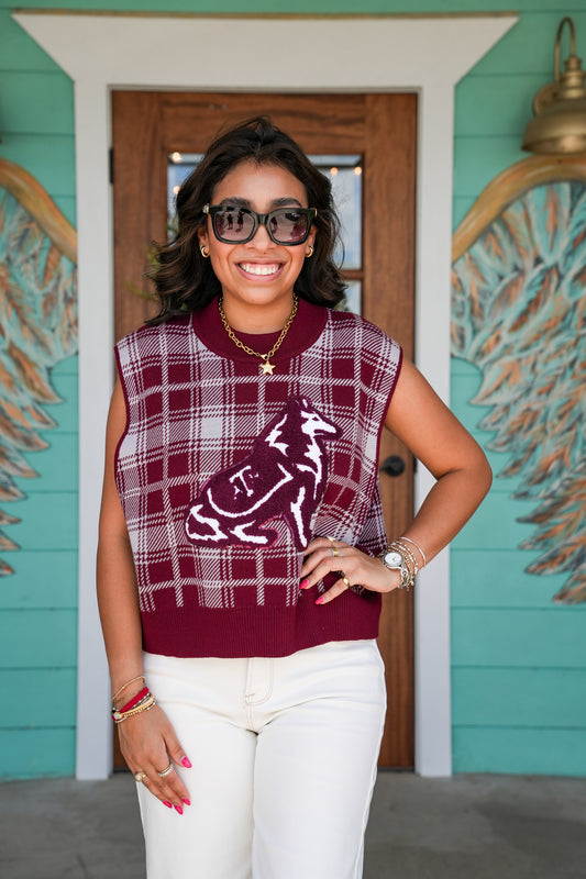Queen of Sparkles Maroon Plaid A&M Vest