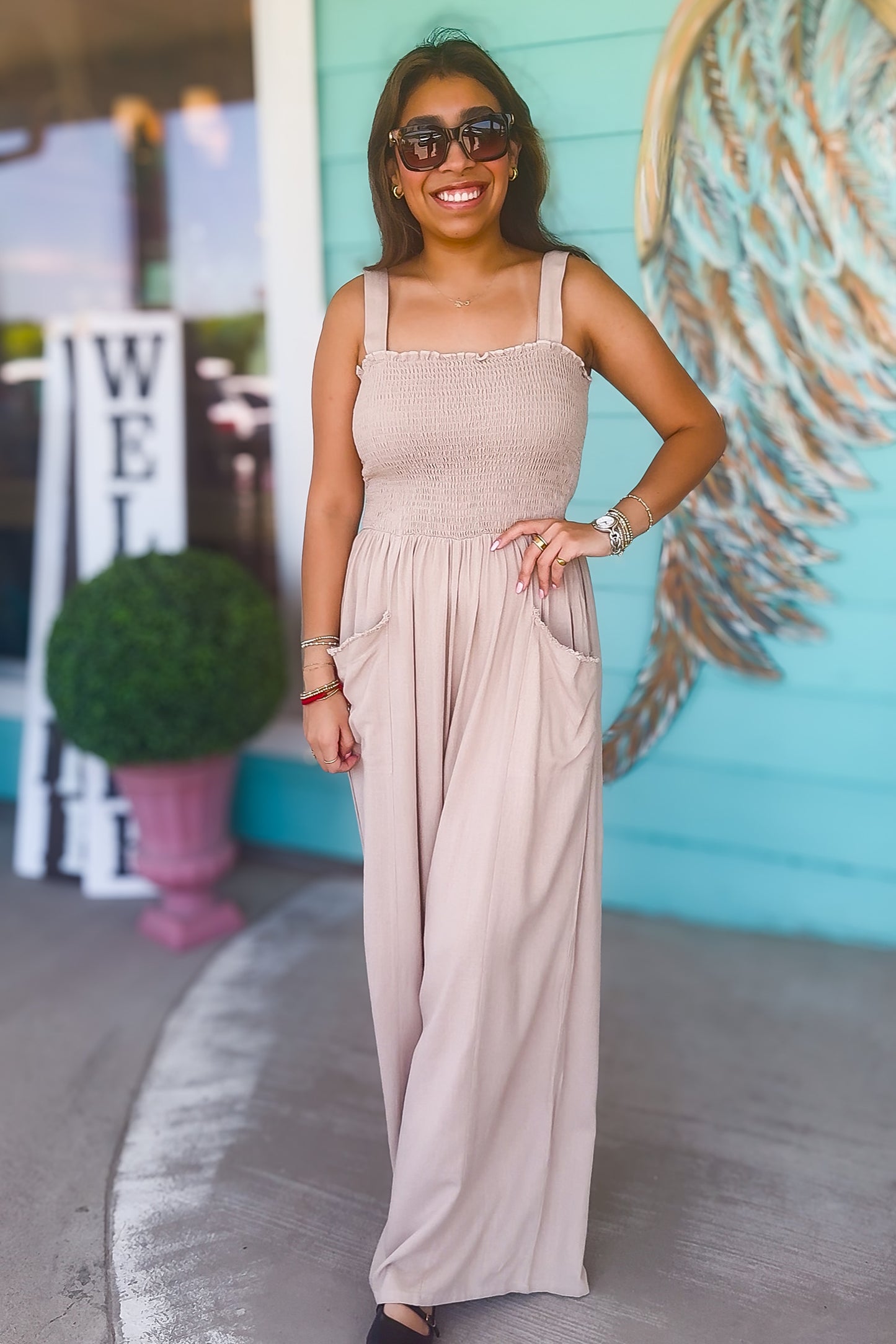 Latte Smocked Detail Jumpsuit