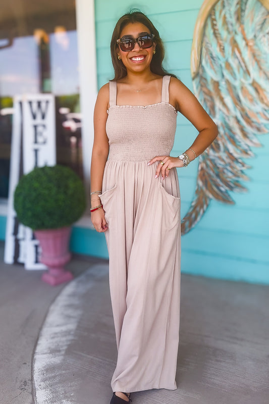 Latte Smocked Detail Jumpsuit