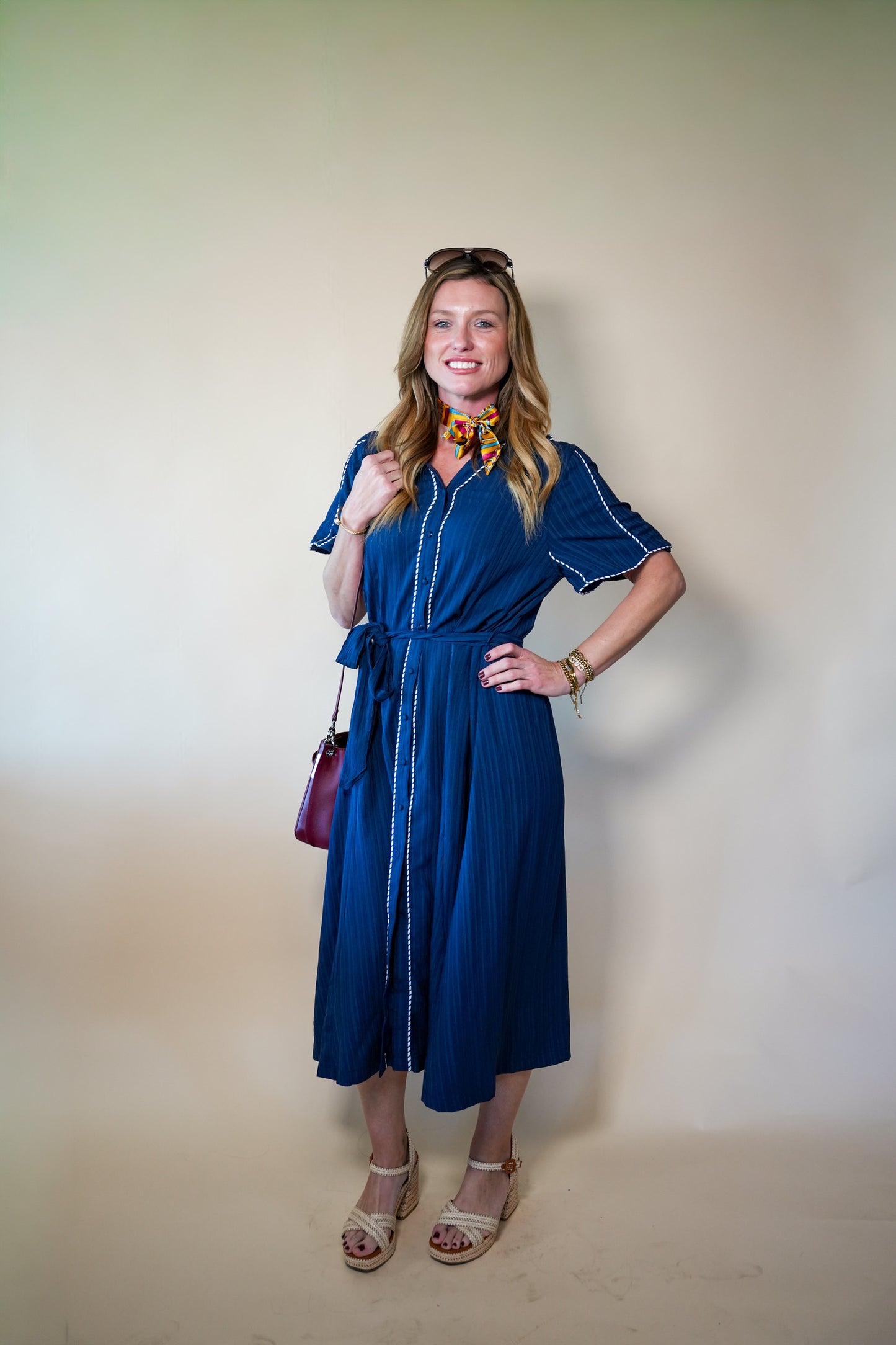 Navy Contrast Detail Belt Dress