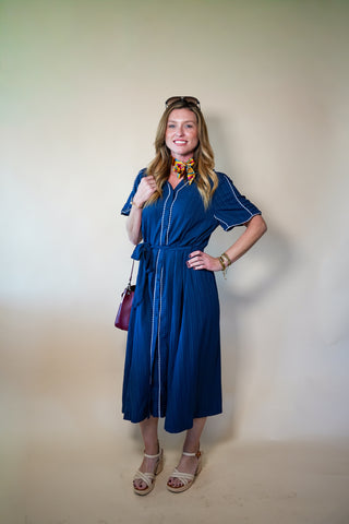 Navy Contrast Detail Belt Dress