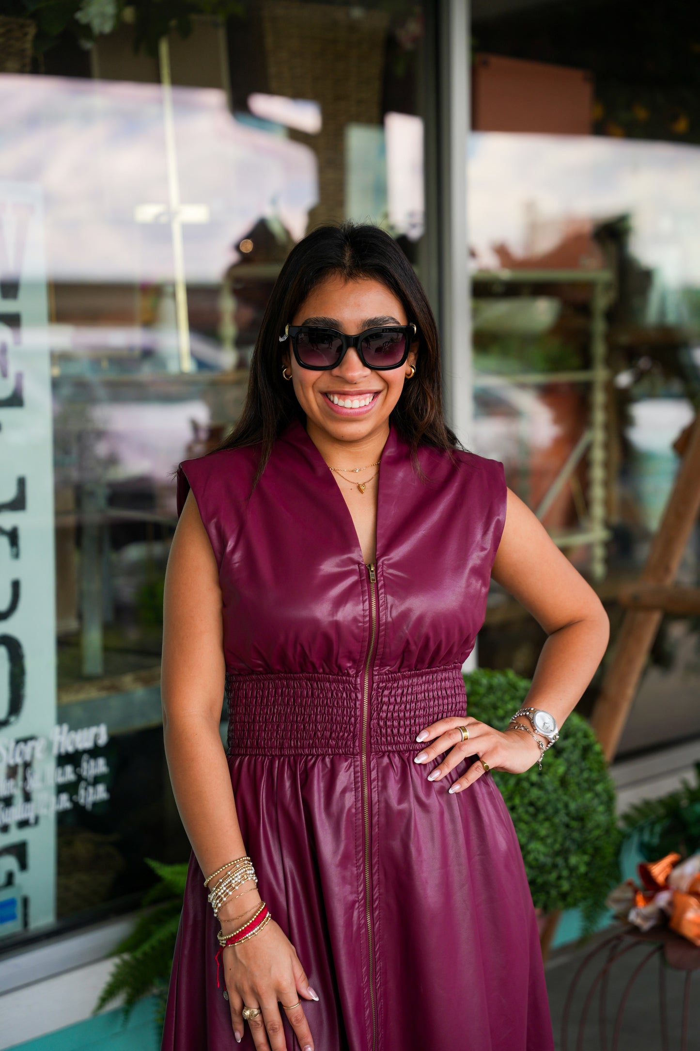 Burgundy Faux Leather Zip Front Dress