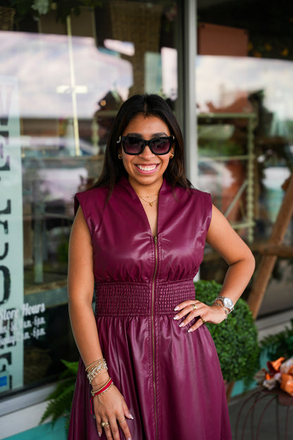 Burgundy Faux Leather Zip Front Dress