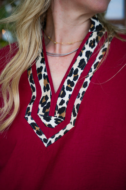Garnet Leopard Trim Dolman Top