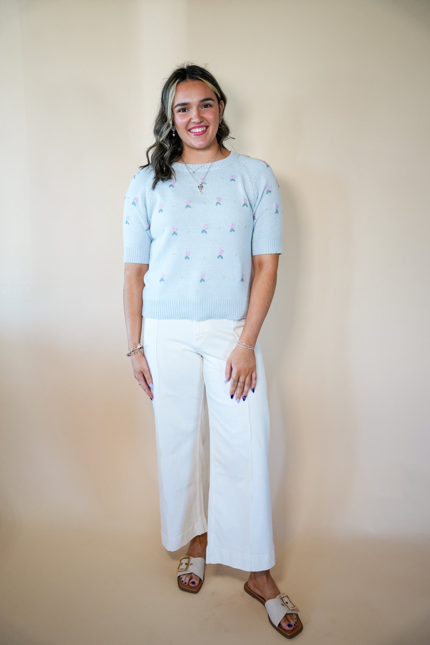 Aqua Floral Embroidered Pearl Top