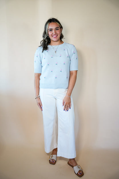Aqua Floral Embroidered Pearl Top