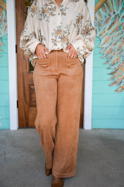 Camel Faux Suede Wide Leg Pant