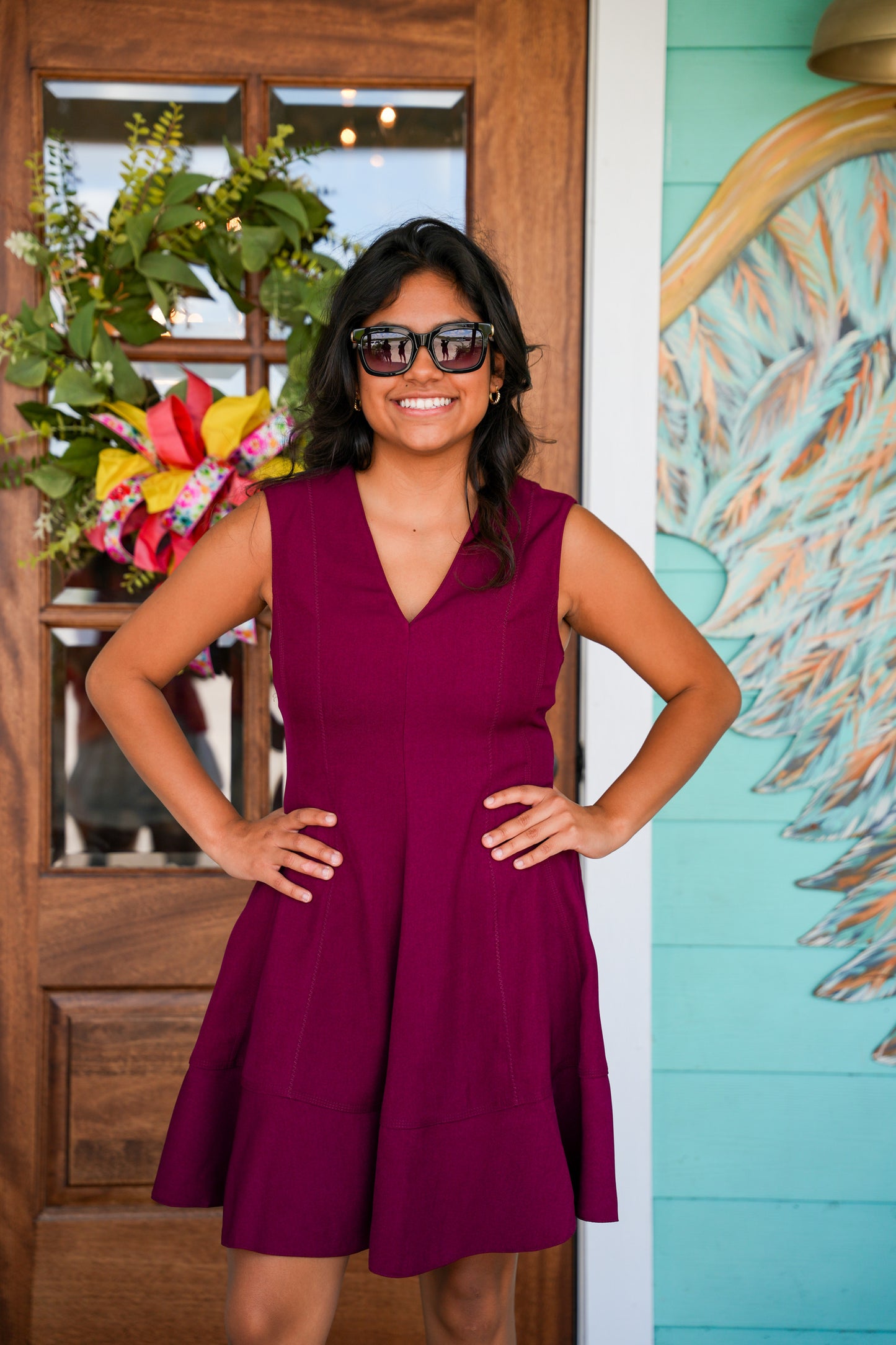 Burgundy V-Neck Mini Dress