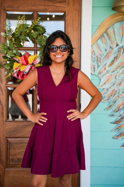 Burgundy V-Neck Mini Dress