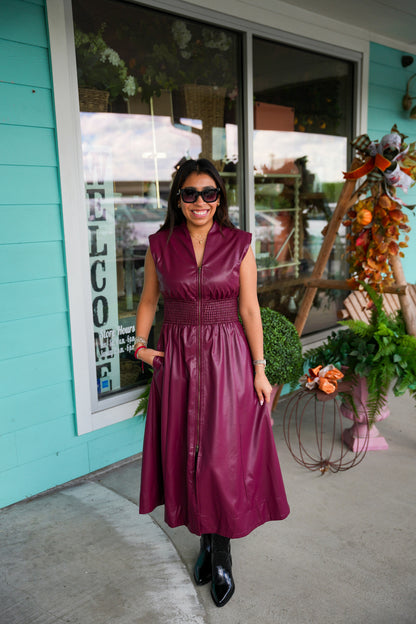 Burgundy Faux Leather Zip Front Dress