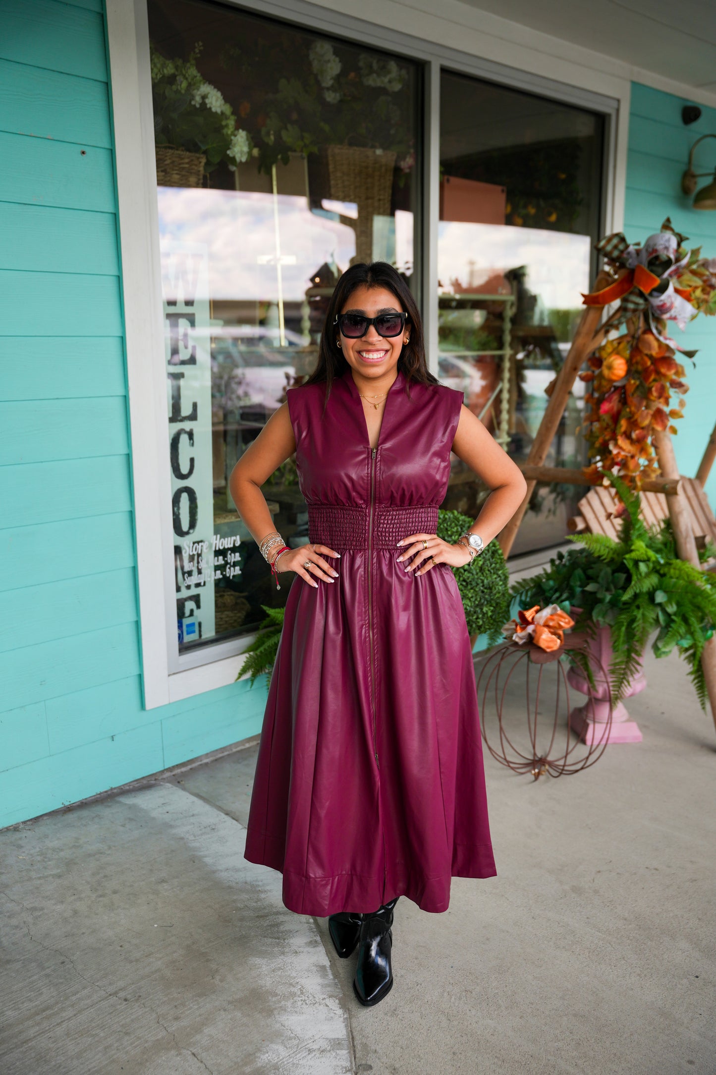 Burgundy Faux Leather Zip Front Dress