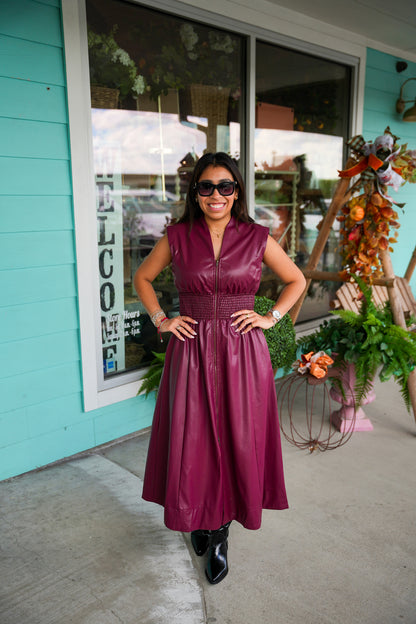 Burgundy Faux Leather Zip Front Dress