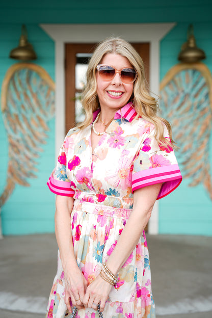 Pink Floral Print Tiered Maxi Dress