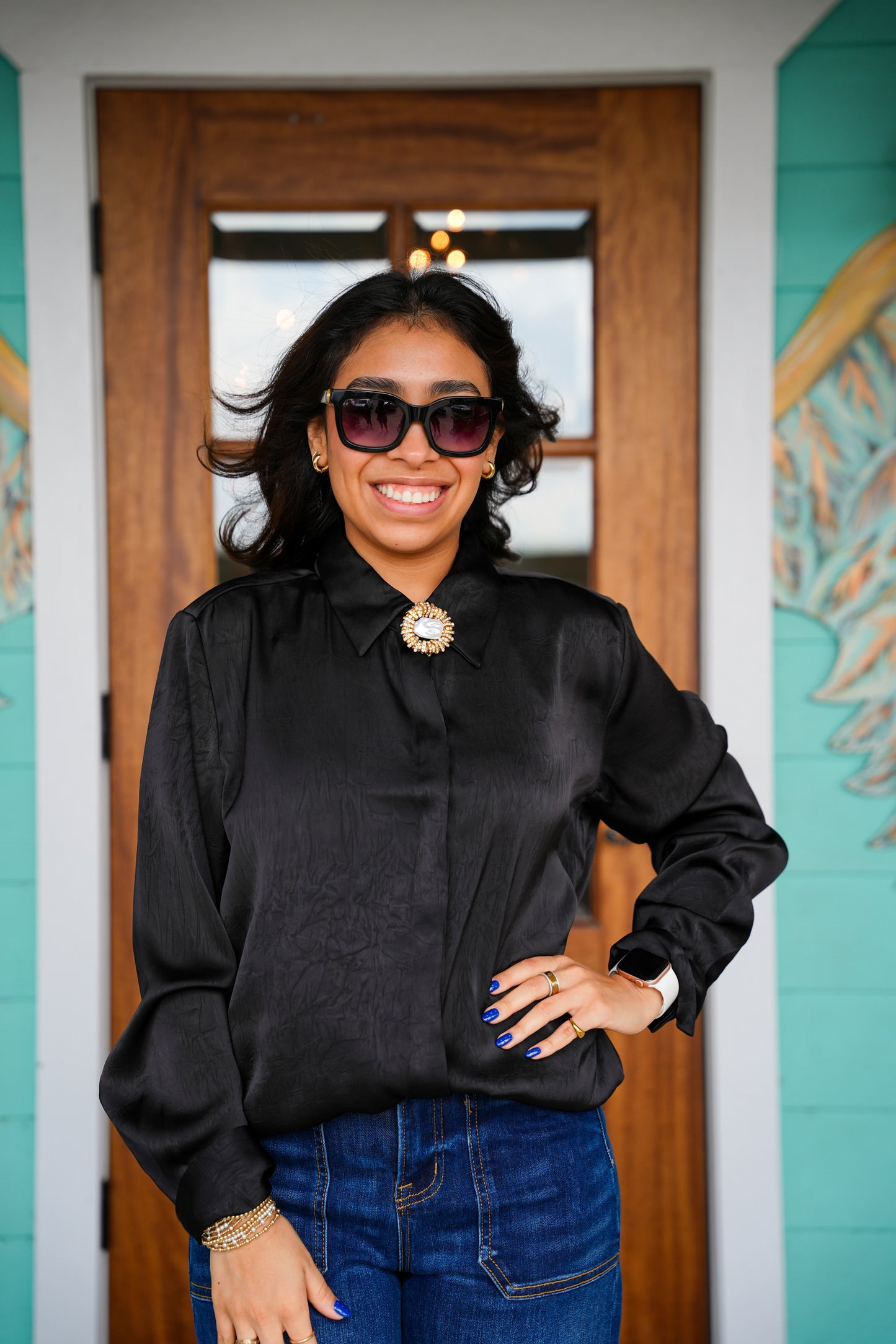 Brooche Button Black Long Sleeve Shirt