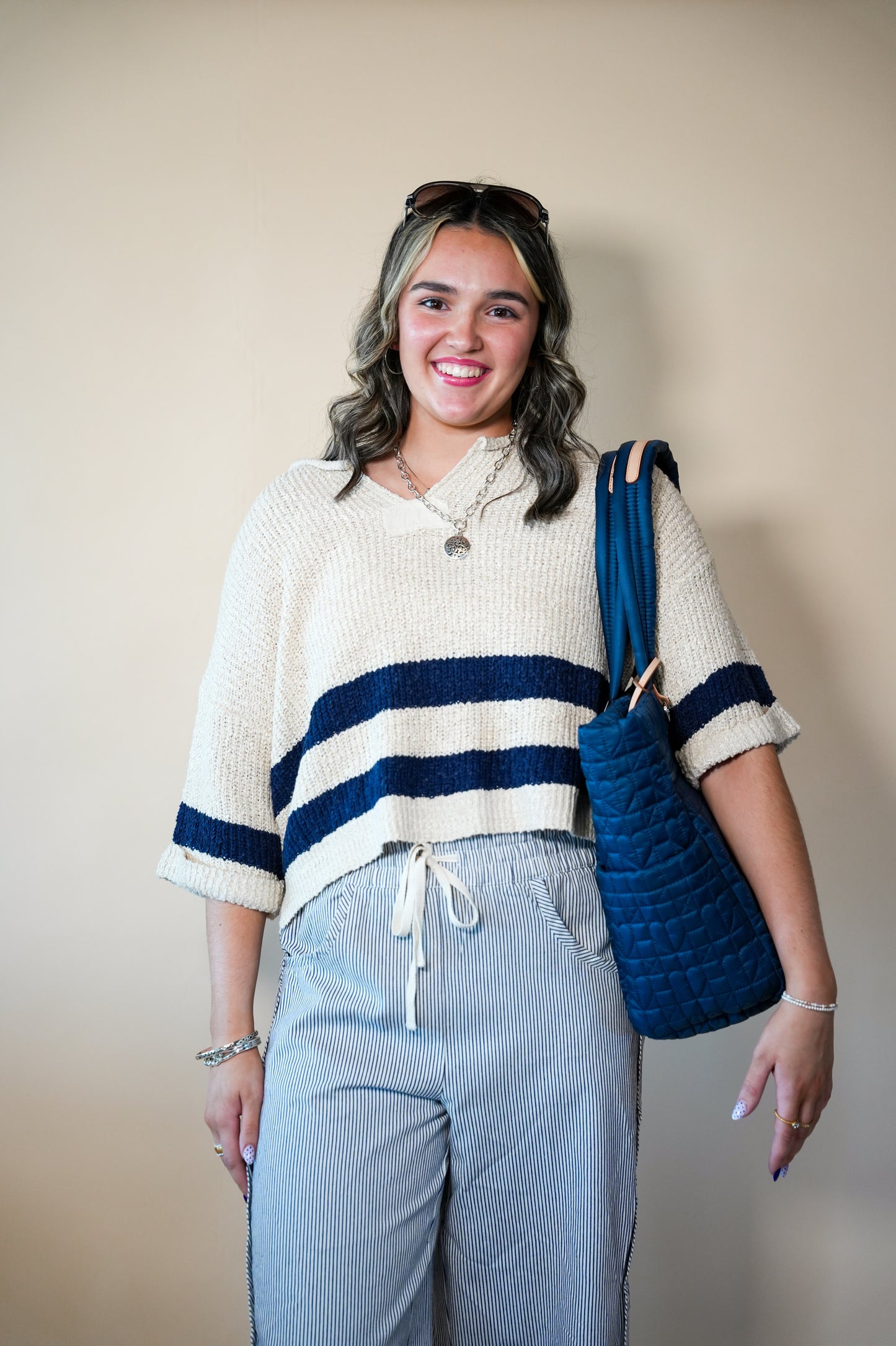Navy Stripe Notch 3/4 Sweater Top