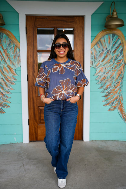 Blue Floral Embroidered Top