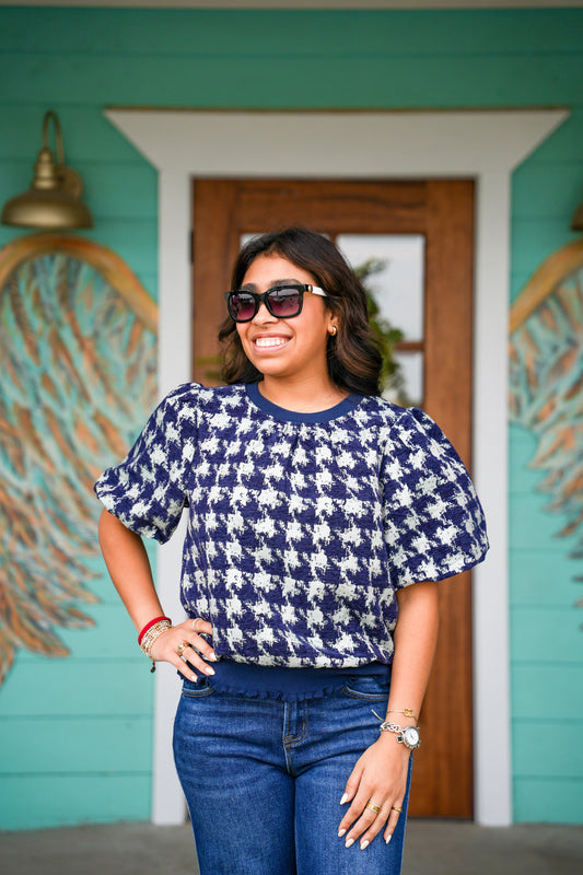 Navy Houndstooth Jacquard Top