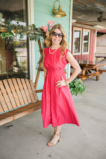 Fuchsia Pleated Waist Midi Dress