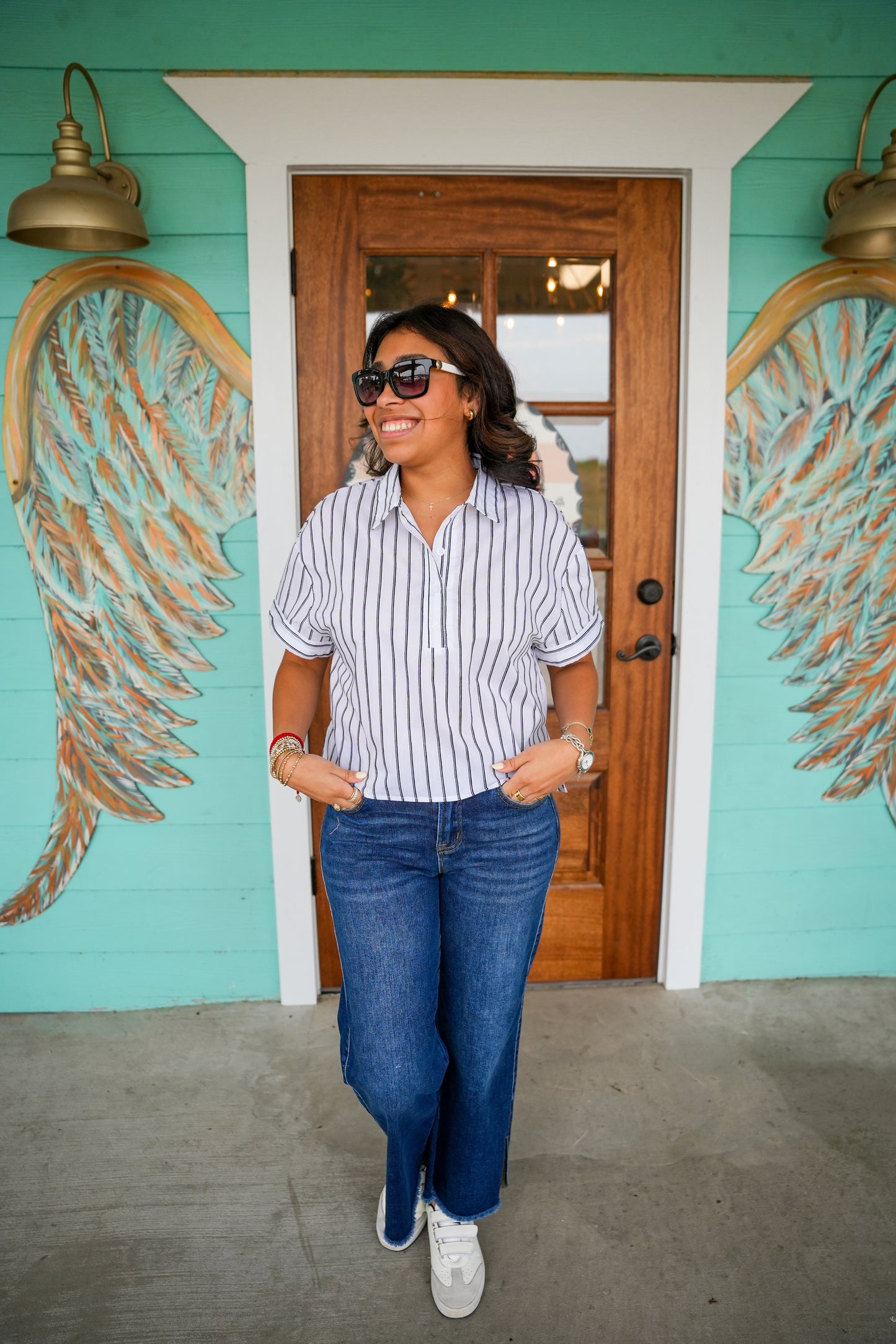 Black Striped Short Sleeve Button Top