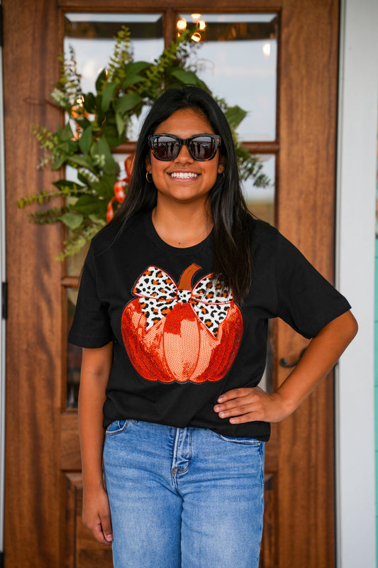 Sequin Pumpkin Leopard Bow Black Tee