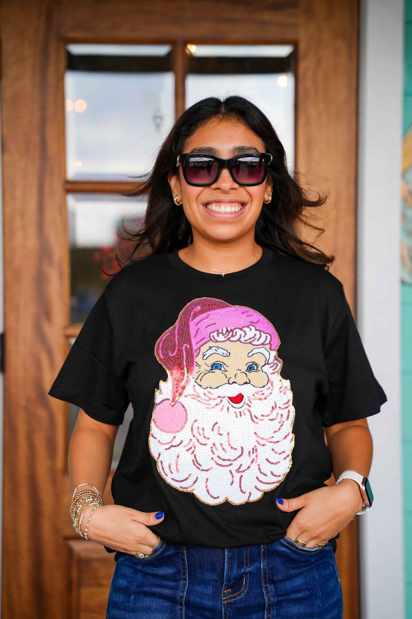 Sequin Chenille Santa Black Tee