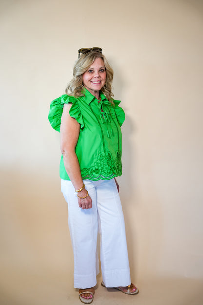 Green Embroidered Flutter Mila Top