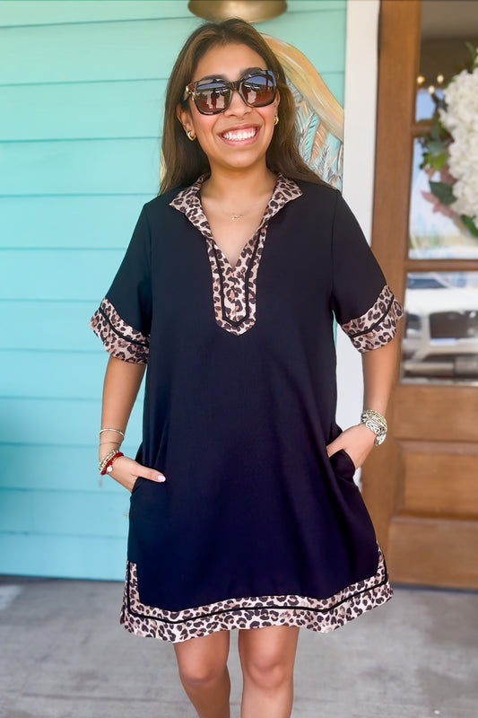 Black Leopard Trim Detail Dress