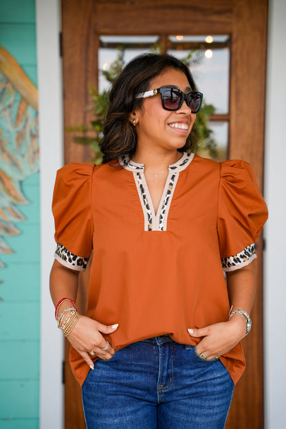 Caramel Leopard Trim Puff Sleeve Top