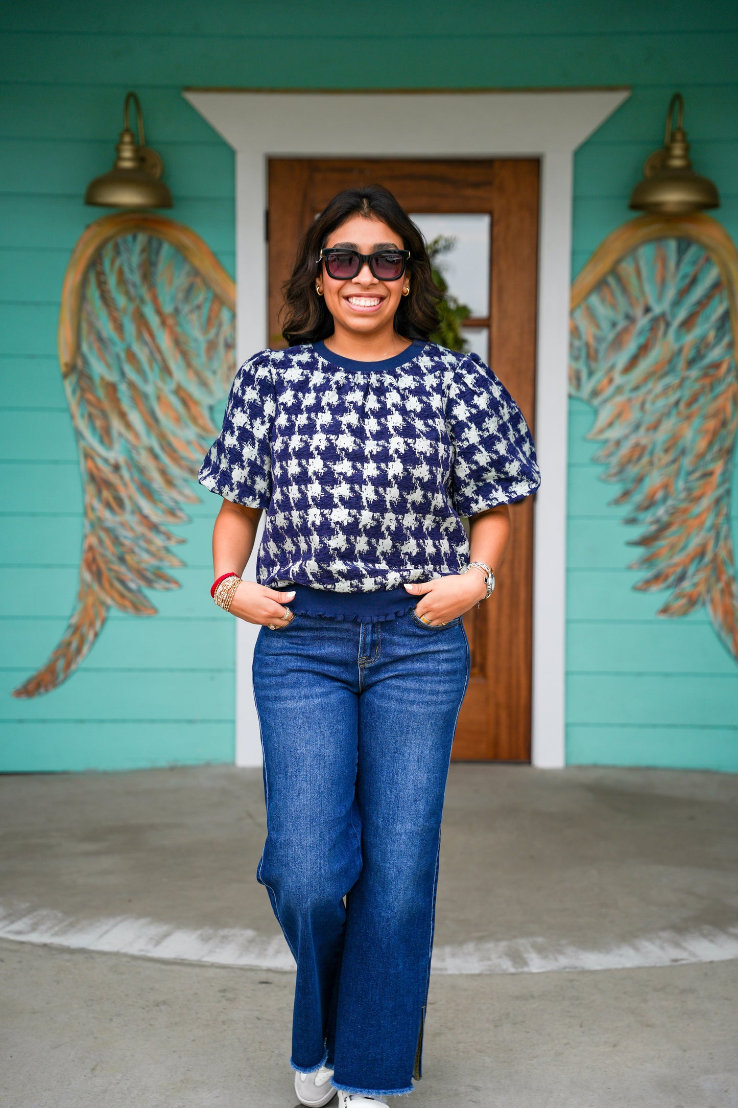 Navy Houndstooth Jacquard Top