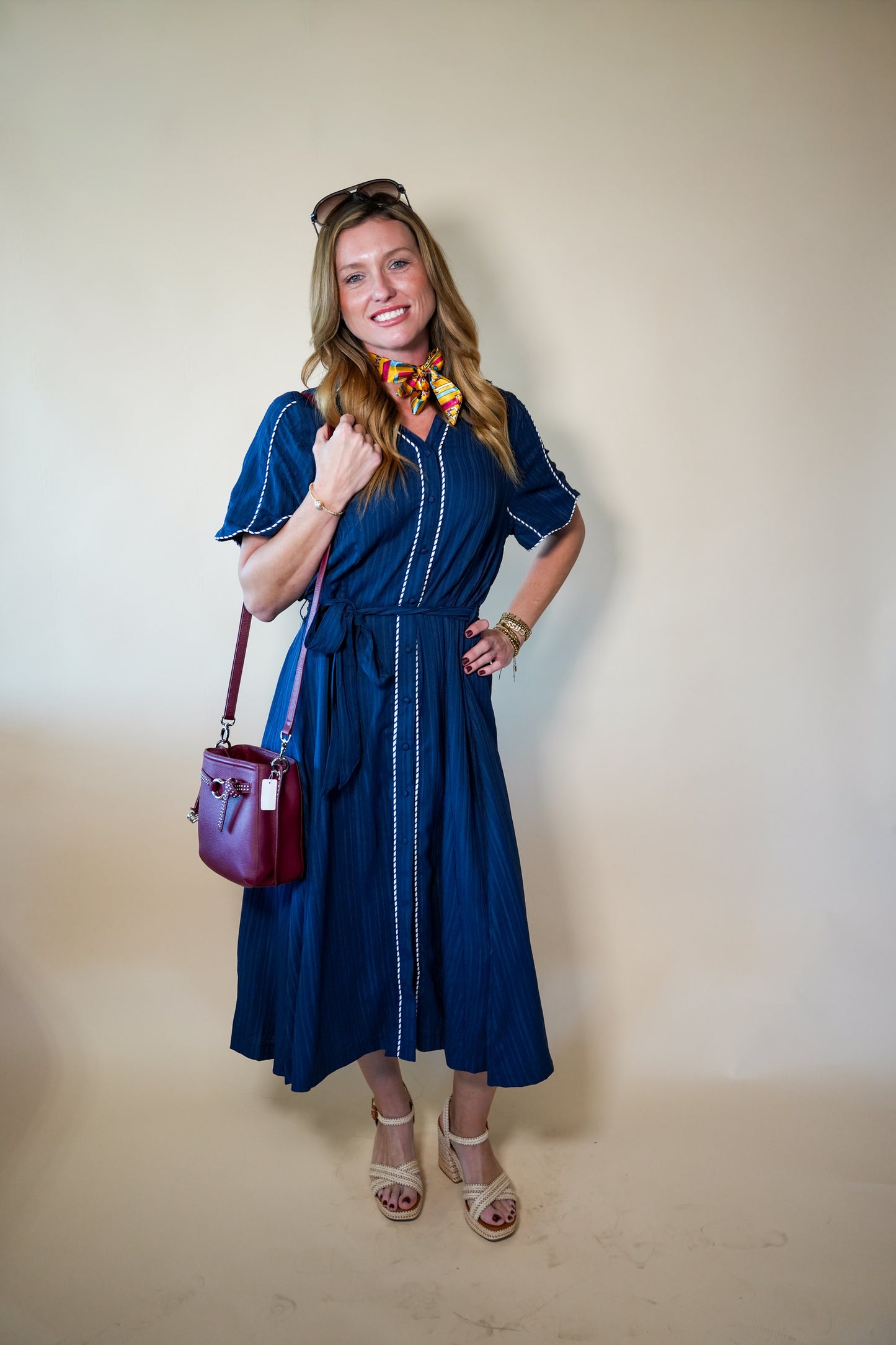 Navy Contrast Detail Belt Dress